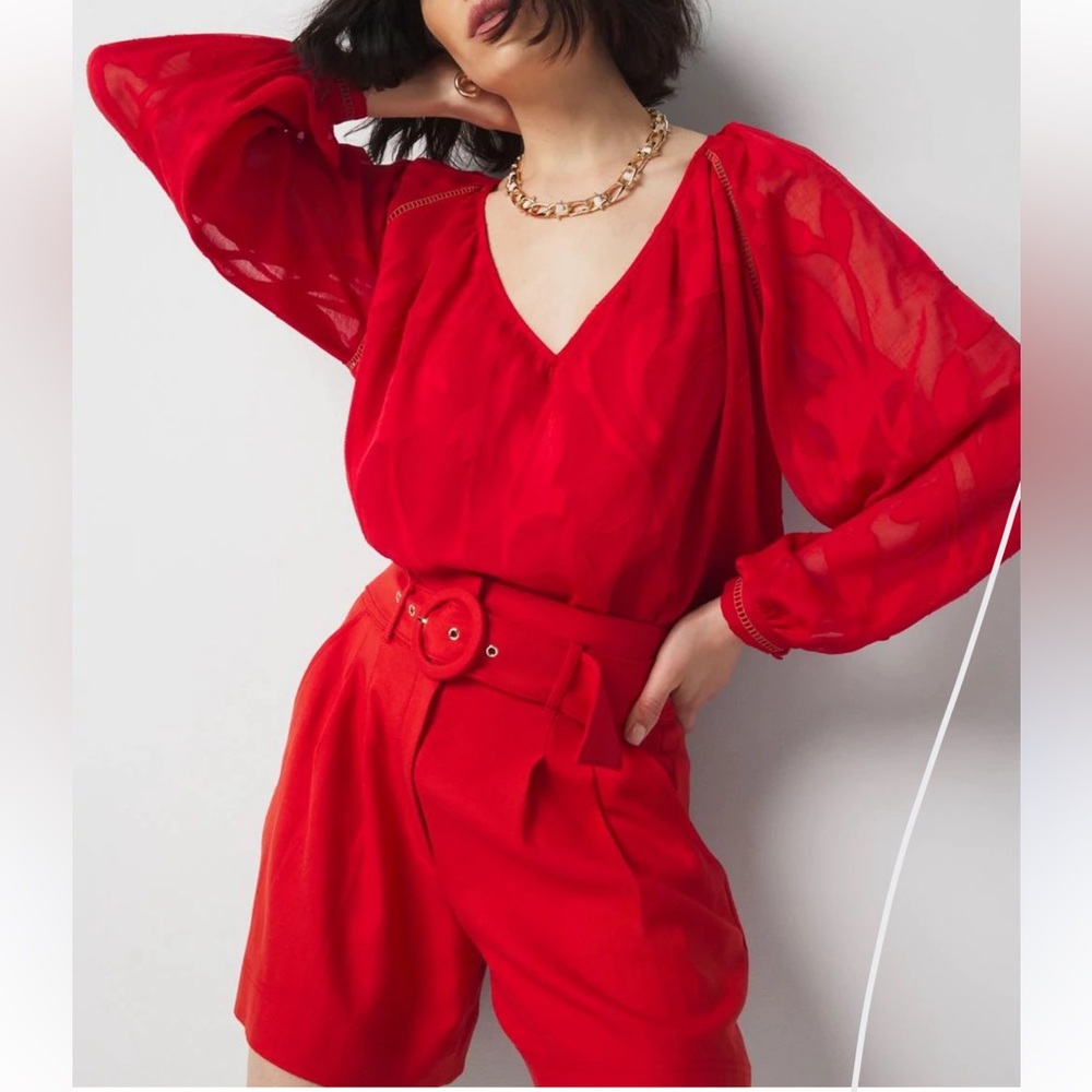 WHBM $89 Red Burnout Vneck Blouse women size large NEW